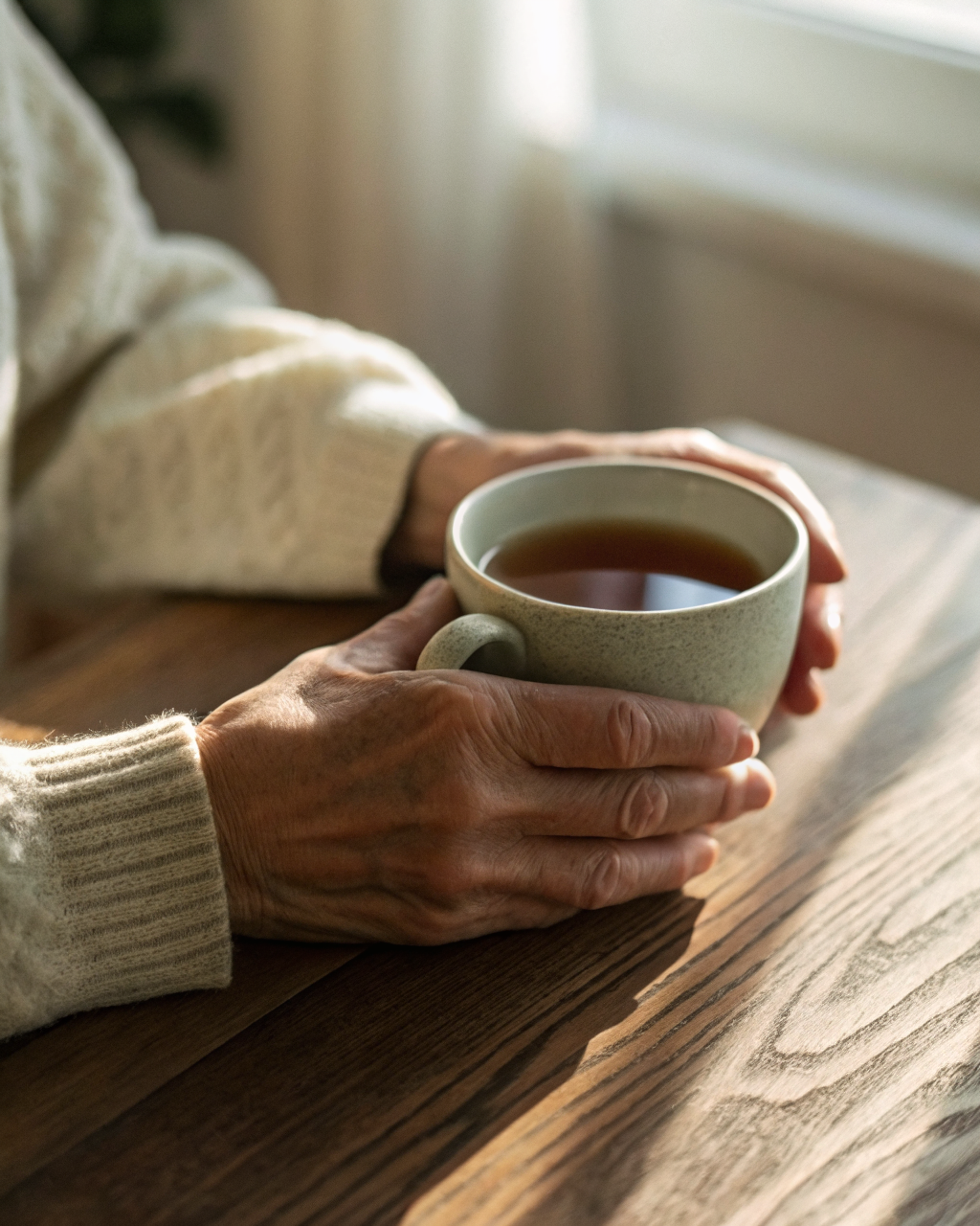 Hände an einer Teetasse, gedämpftes Tageslicht